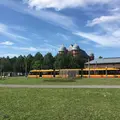 Straßenbahn fährt hinter einem grünen Feld