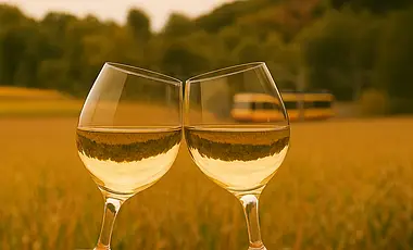 Die Grafik zeigt zwei Weingläser. Im Hintergrund ist eine Stadtbahn der Albtal-Verkehrs-Gesellschaft zu sehen, die durch das Kraichtal fährt.