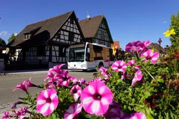 Ein Bus fährt durch ein Dorf im Elsass