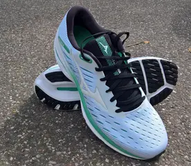 Ein Paar Laufschuhe liegt auf einer Straße. 
