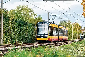 Eine AVG-Stadtbahn fährt durchs Grüne. 