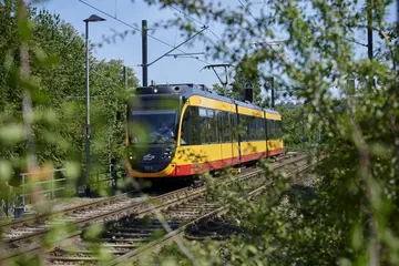 Eine AVG-Stadtbahn fährt im Raum Heilbronn. Äste und Büsche verdecken teilweise den Bildausschnitt. 