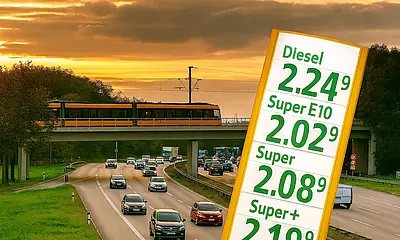 Die Grafik zeigt die Karlsruher Südtangente, auf der Autos fahren. Über die Südtangenete führt eine Brücke, über die eine Stadtbahn fährt. In der rechten Bildhälfte befindet sich eine gelbe Preissäule einer Tankstelle mit hohgen Benzinpreisen über jeweils 2 Euro