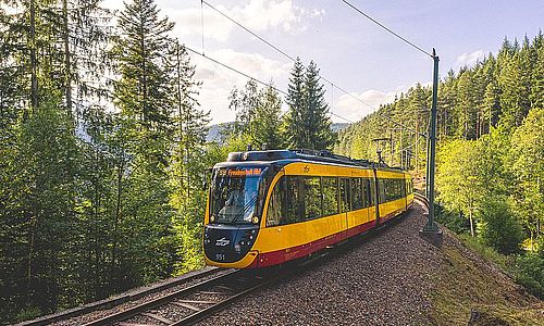 AVG-Stadtbahn auf einem bewaldeten Streckenabschnitt im Murgtal