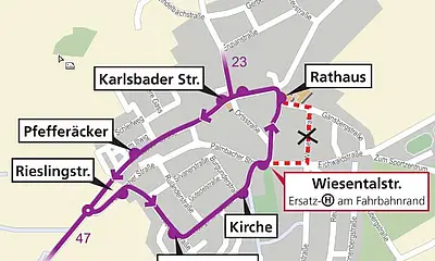 Die Grafik zeigt eine Karte vom Stadtteil Stupferich mit der farblich geknnzeichneten Umleitungsroute für die vier Buslinien während der Baumaßnahme.