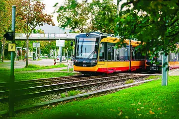 Eine Bahn der AVG-Linie S11 fährt durch den Karlsruher Stadtteil Rüppurr. Der Ast eines Laubbaumes ragt im Vordergrund in das Bild.