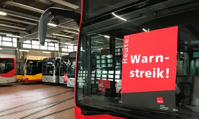 Busse der Verkehrsbetriebe Karlsruhe stehen wärend eines Streiks der Gewrrkschaft ver.di in iner Wagenhalle