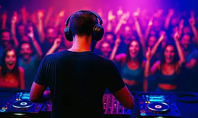 Ein DJ stejt an Plattentellern und legt Musik auf. Vor der Bühne tanzen Konzertbesucher*innen