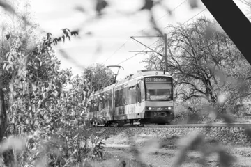 Das Schwarz-Weiß-Foto zeigt eine AVG-Stadtbahn der Linie S31/S32 bei ihrer Fahrt entlang der Kraichtalbahn. In der oberen rechten Bildecke befindet sich ein Trauerflor 