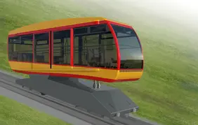 Visualisierung der neuen Turmbergbahn-Fahrzeuge in rot-gelben Farben