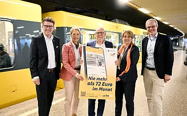 Das Foto zeigt von links nach rechts Prof. Dr. Alexander Pischon (Geschäftsführer Karlsruher Verkehrsverbund und Vorsitzender der VDV-Landesgruppe Baden-Württemberg), Simone Stahl (Geschäftsführerin Regio-Verkehrsverbund Freiburg), Winfried Hermann (Verkehrsminister Baden-Württemberg), Cornelia Christian (Geschäftsführerin Verkehrs- und Tarifverbund Stuttgart) und Dr. Jan Neidhardt (Geschäftsführer Verkehrs- und Tarifverbund Stuttgart). Sie stehen alle nebeneinander in einer U-Bahn-Haltestelle in Stuttgart und präsentieren ein Plakat zur neuen Preisobergrenze für das E-Ticketin "CiCoBW"
