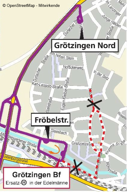 Stadtplan von grötzingen mit der Umleitungsroute des Buslinie 21 am 5. Februar